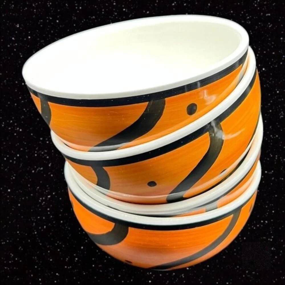 Pier 1 Hand Painted ITALY Orange & Black Cereal Bowl Set 4 Pcs Ceramic 3”T 5.5”W
